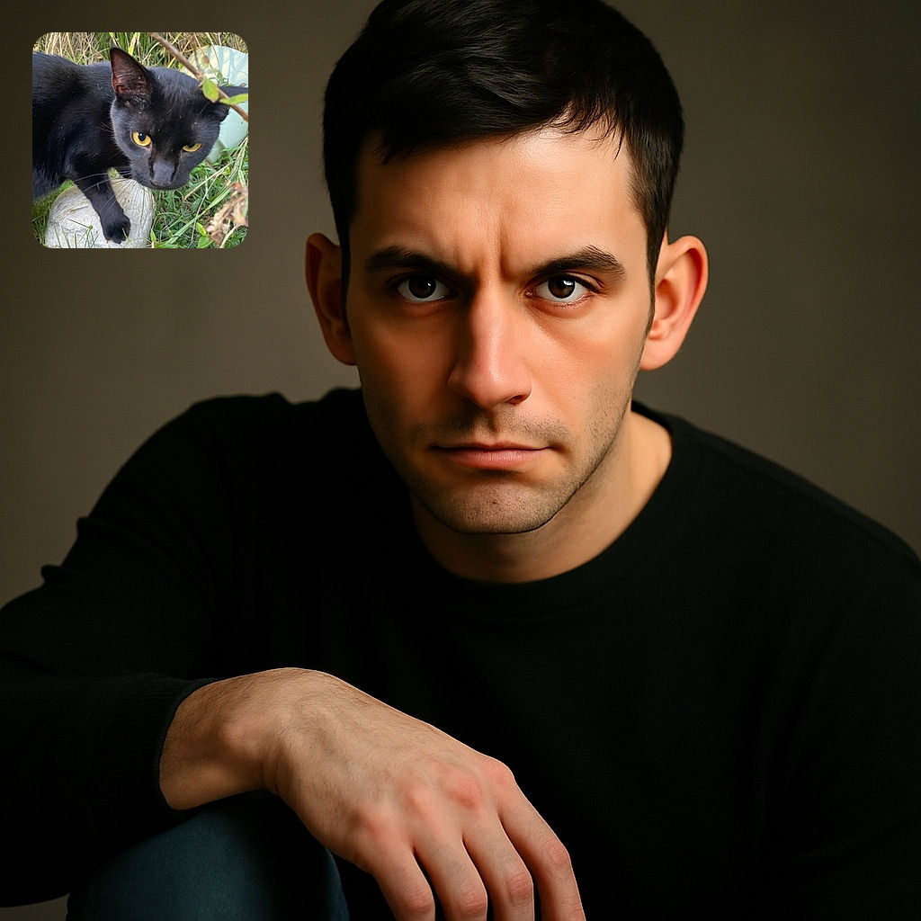 A curious black cat with striking yellow eyes is captured mid-paw on a white rock, surrounded by wild grass and plants, giving a natural and playful vibe.
