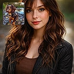 A pint-sized long-haired dachshund steals the frame, striking a suspiciously proud pose among soggy autumn leaves by a sleepy stream — collar and tag on full display, ears perfectly floppy, and an accidental white X button adding unexpected drama at its paws.