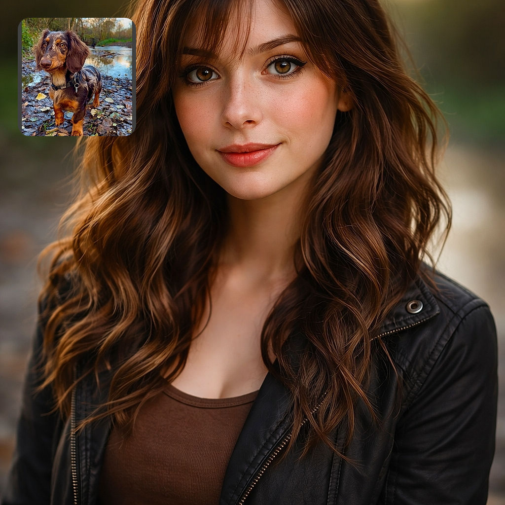 A pint-sized long-haired dachshund steals the frame, striking a suspiciously proud pose among soggy autumn leaves by a sleepy stream — collar and tag on full display, ears perfectly floppy, and an accidental white X button adding unexpected drama at its paws.