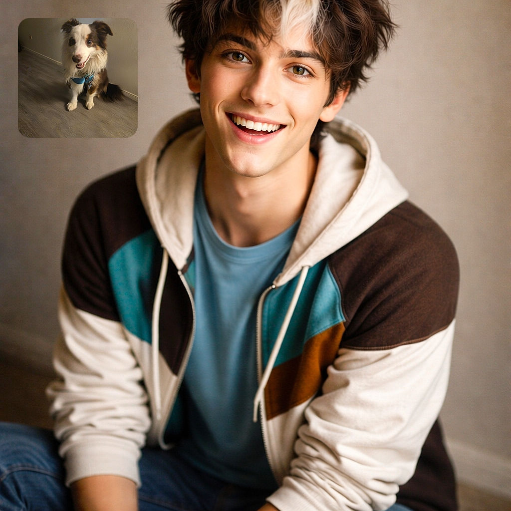 A goofy, smiling dog in a blue harness sits by the wall like it just told a joke — mottled brown-and-white fur, perky ears, and a waggy tail with a proud little ID tag. The lighting is warm and a bit soft, giving this pup a cozy, slightly dreamy portrait vibe.
