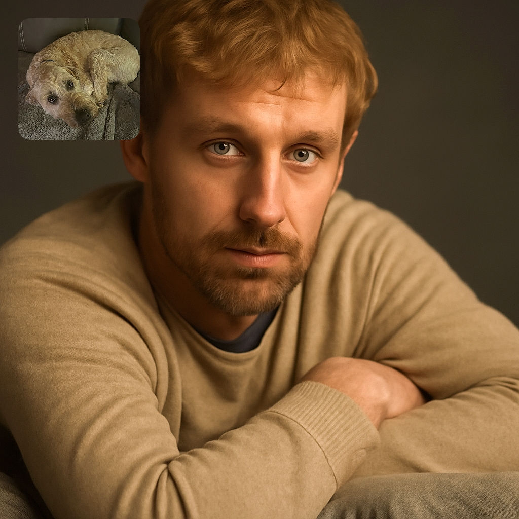 A fluffy golden dog curled up comfortably on a soft grey blanket on a leather couch, looking up with soulful eyes that could melt anyone's heart.