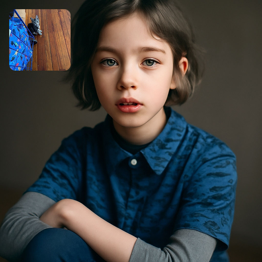 A curious little tabby kitten sits on a polished wooden floor next to a vibrant blue cart filled with colorful bags, looking up with an inquisitive expression and a slightly open mouth as if caught mid-meow.