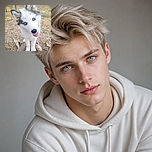 A bright-eyed husky puppy perches proudly on a tree stump, looking like the forest’s tiniest wolf celebrity while flashing a happy tongue-out grin. Behind it, leafy trees, wire fencing, and autumn ground create a charming outdoor adventure backdrop.