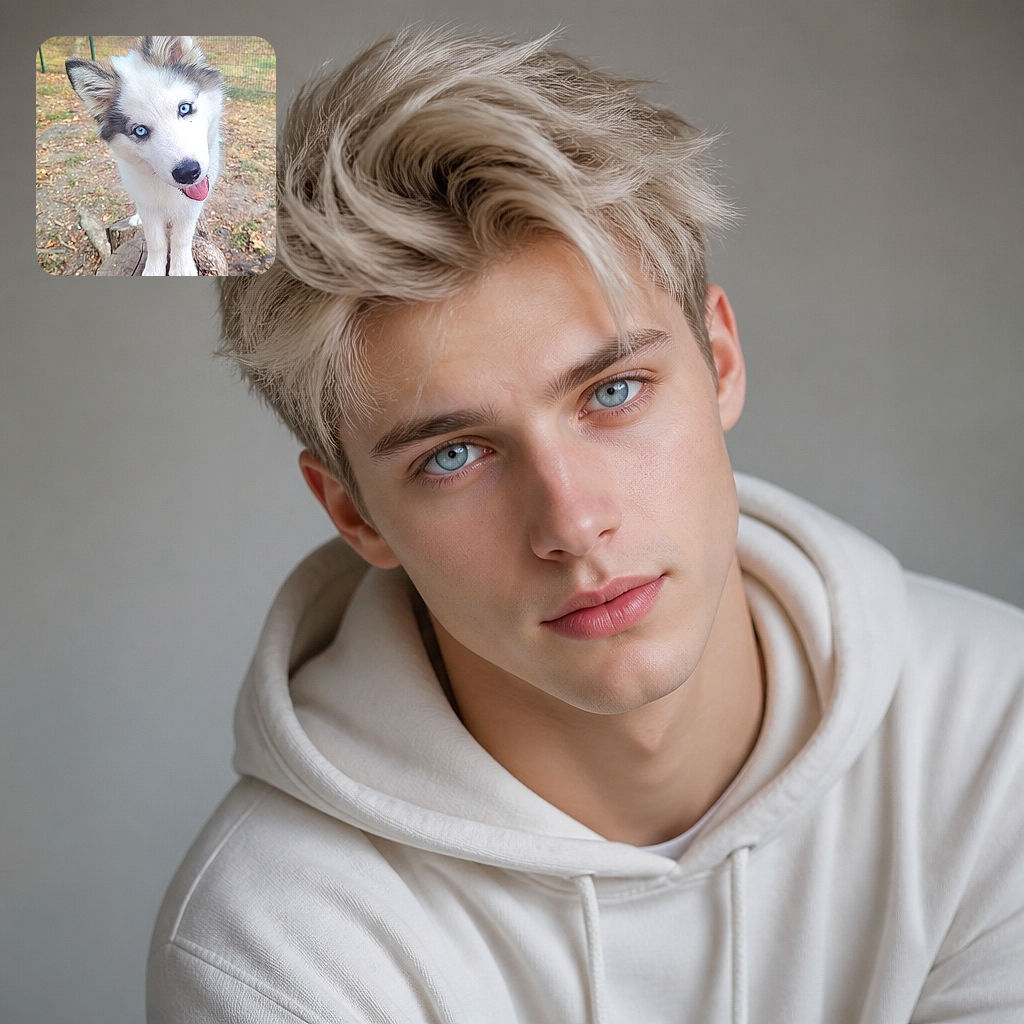 A bright-eyed husky puppy perches proudly on a tree stump, looking like the forest’s tiniest wolf celebrity while flashing a happy tongue-out grin. Behind it, leafy trees, wire fencing, and autumn ground create a charming outdoor adventure backdrop.