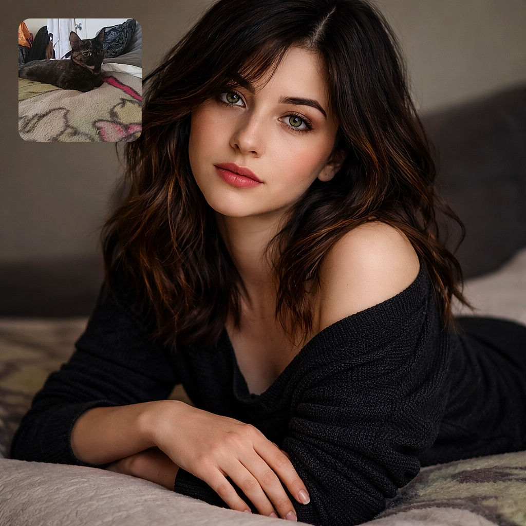 A dignified tortoiseshell cat lounges on a patterned blanket like it owns the place, giving the camera a slow-blink of approval while a towel on the door and a crinkled plastic bag provide a charmingly messy bedroom backdrop.