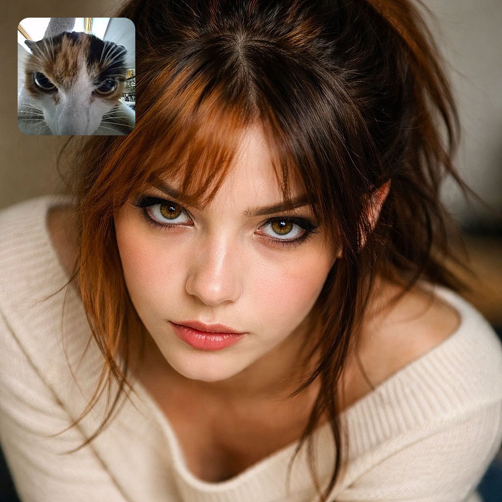 A nose-first cat selfie: an inquisitive calico fills the frame with wide, accusing eyes and heroic whiskers, a skylight and cat tree looming in the background — slightly soft and hilariously up-close.