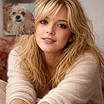 A scruffy, fluffy dog with a slightly tousled mane lounges on a patterned red couch, gazing softly at the camera with soulful eyes, wrapped partly in a cozy blanket.