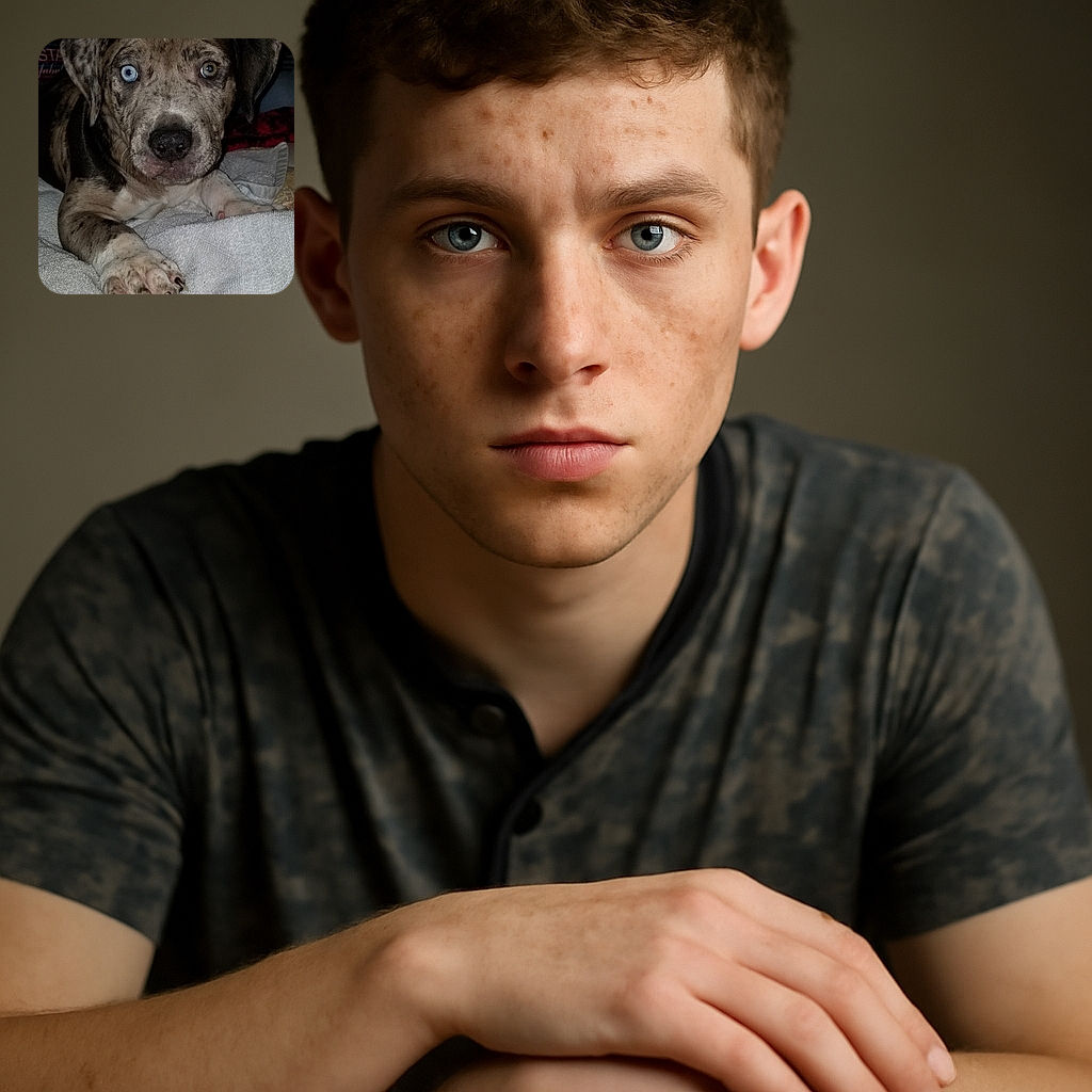 A close-up photo of a speckled puppy with strikingly different colored eyes, one blue and one gray, lying on a white towel with its paw stretched out toward the camera, looking curiously and adorably at the viewer.