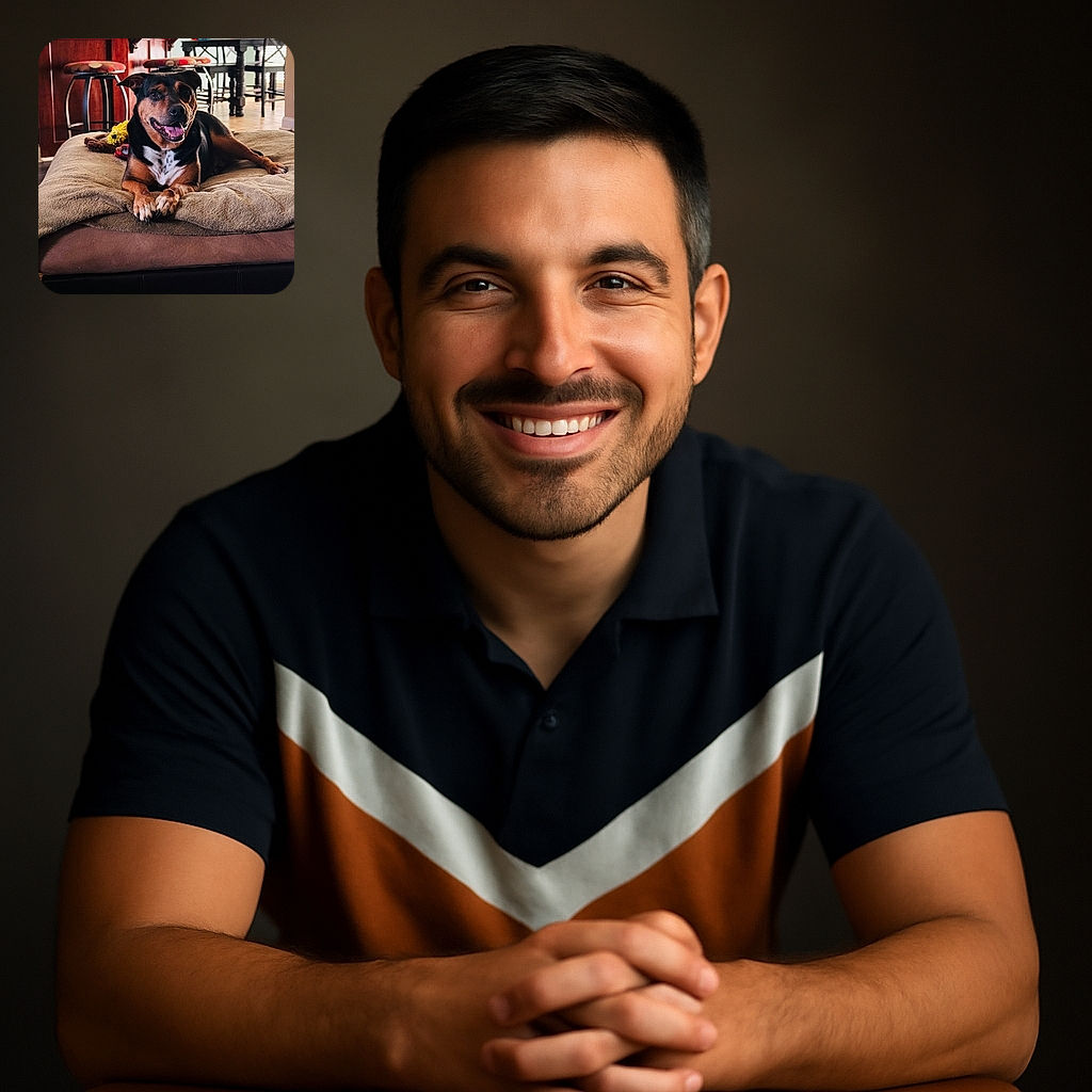 A happy dog lounging comfortably on a cozy bed with a plush toy behind it, set in a warmly lit home dining area with chairs and a table in the background.