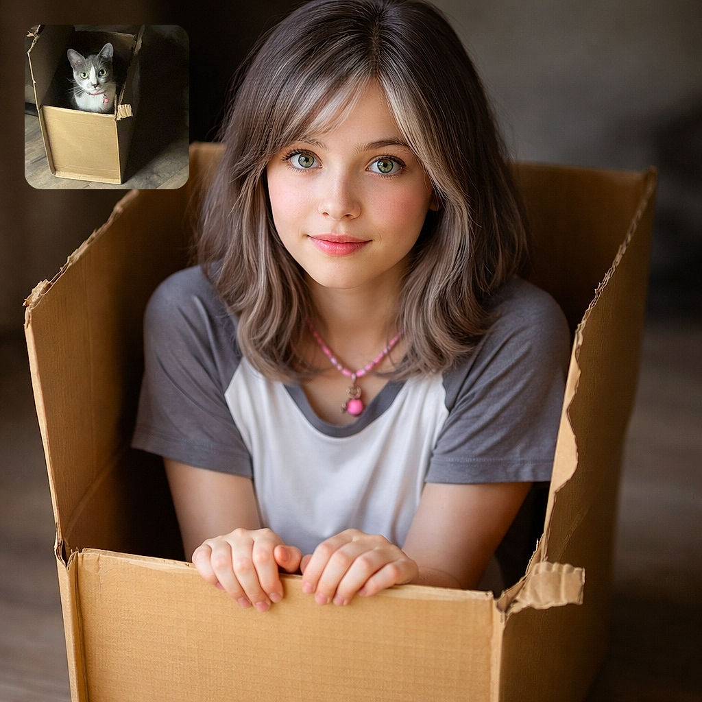 A wide-eyed gray-and-white cat has claimed a battered cardboard box as its throne, staring up with regal curiosity while a tiny pink bell on its collar announces royal intentions — pure box-level domination on the living-room floor.