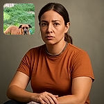 A calm brown dog lying in lush green grass, gazing intently at the camera with a serene expression. The background shows a wooden fence and a chain-link fence, adding a rustic outdoor vibe.