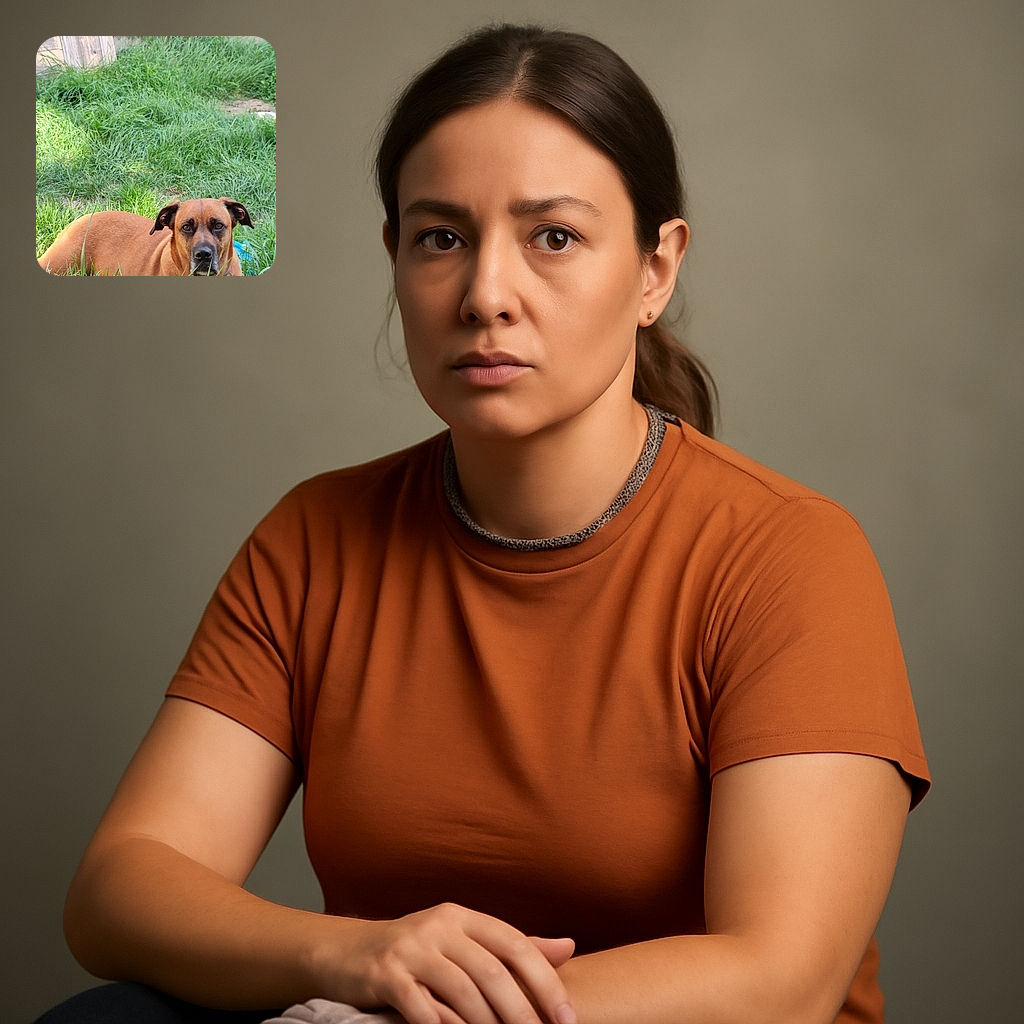 A calm brown dog lying in lush green grass, gazing intently at the camera with a serene expression. The background shows a wooden fence and a chain-link fence, adding a rustic outdoor vibe.