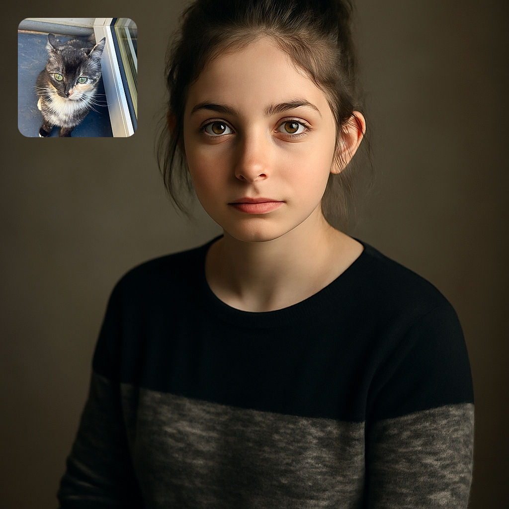 A curious tortoiseshell cat with bright green eyes looks up with an inquisitive expression, sitting on a blue floor next to a glass door and white frame, capturing a candid moment of feline charm.