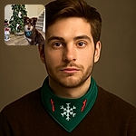 A charming brown dog with heterochromia sports a festive holiday bandana, sitting attentively in front of a decorated Christmas tree with stockings and twinkling lights, all set in a cozy home with wooden floors and a carpeted staircase.
