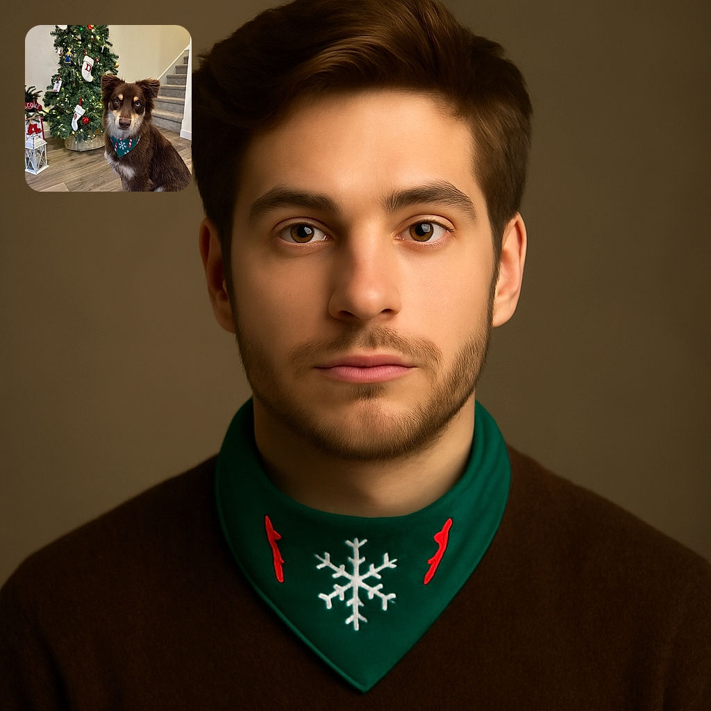A charming brown dog with heterochromia sports a festive holiday bandana, sitting attentively in front of a decorated Christmas tree with stockings and twinkling lights, all set in a cozy home with wooden floors and a carpeted staircase.