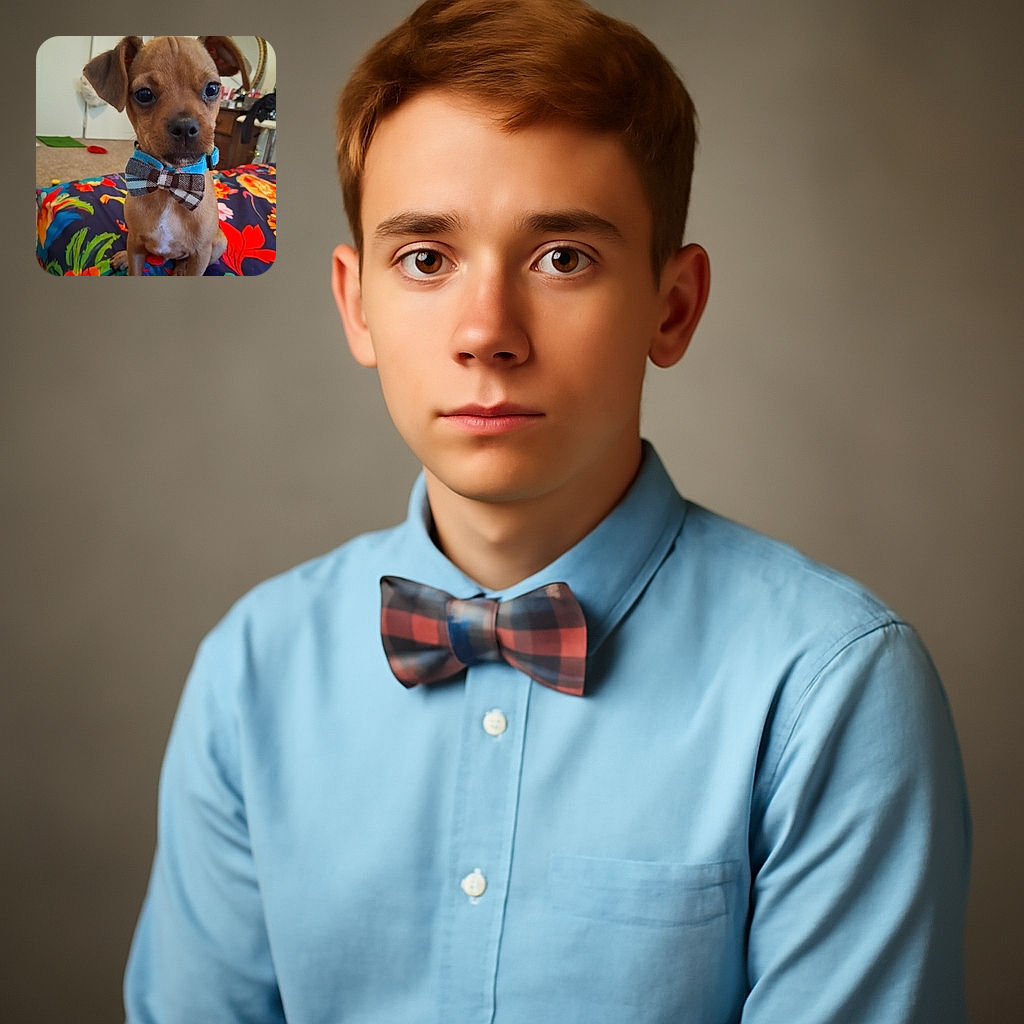 A charming little puppy wearing a stylish blue and brown plaid bow tie sits attentively on a vibrant floral bedspread, looking like the cutest guest at a fancy party in a cozy, lived-in room.