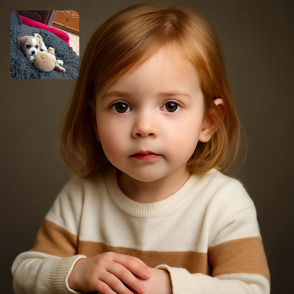 A fluffy puppy nestles into a cozy, shaggy black bed with a well-loved stuffed toy, set against a warm kitchen backdrop. The pup's slightly blurred face suggests it might be mid-wiggle or play, adding a lively charm to the homey scene.