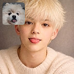 A fluffy white dog, possibly a Pomeranian, with a cute little tongue sticking out, filling the frame with its adorable face and bright eyes, against a simple gray background.