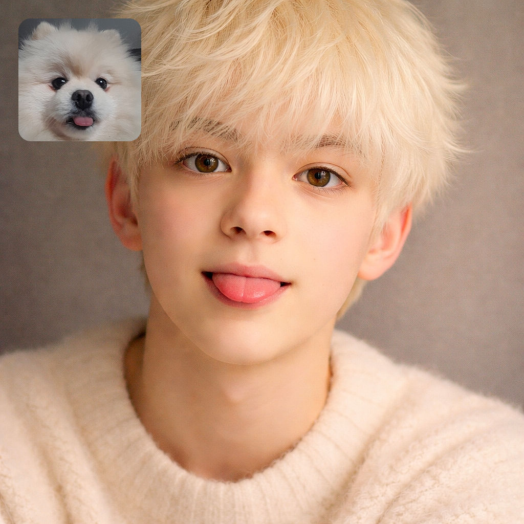 A fluffy white dog, possibly a Pomeranian, with a cute little tongue sticking out, filling the frame with its adorable face and bright eyes, against a simple gray background.