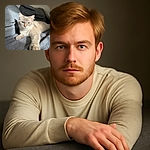 A fluffy cream-colored cat with striking blue eyes lounges luxuriously on a gray textured blanket, stretching one paw forward as if reaching for a cozy nap or a gentle pet. The soft sunlight highlights the cat's fur, contrasting beautifully with the darker gray couch cushions behind it, creating a serene and inviting indoor scene.