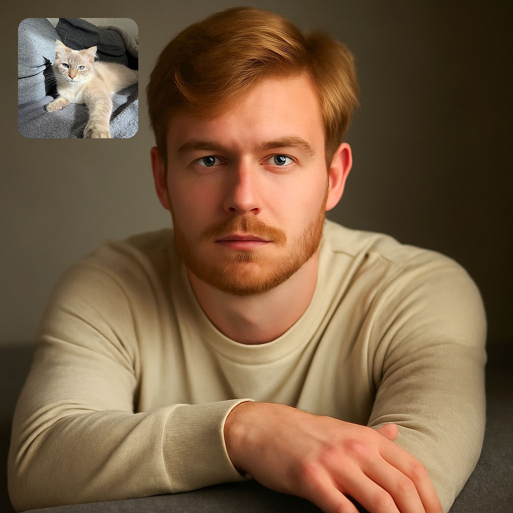 A fluffy cream-colored cat with striking blue eyes lounges luxuriously on a gray textured blanket, stretching one paw forward as if reaching for a cozy nap or a gentle pet. The soft sunlight highlights the cat's fur, contrasting beautifully with the darker gray couch cushions behind it, creating a serene and inviting indoor scene.