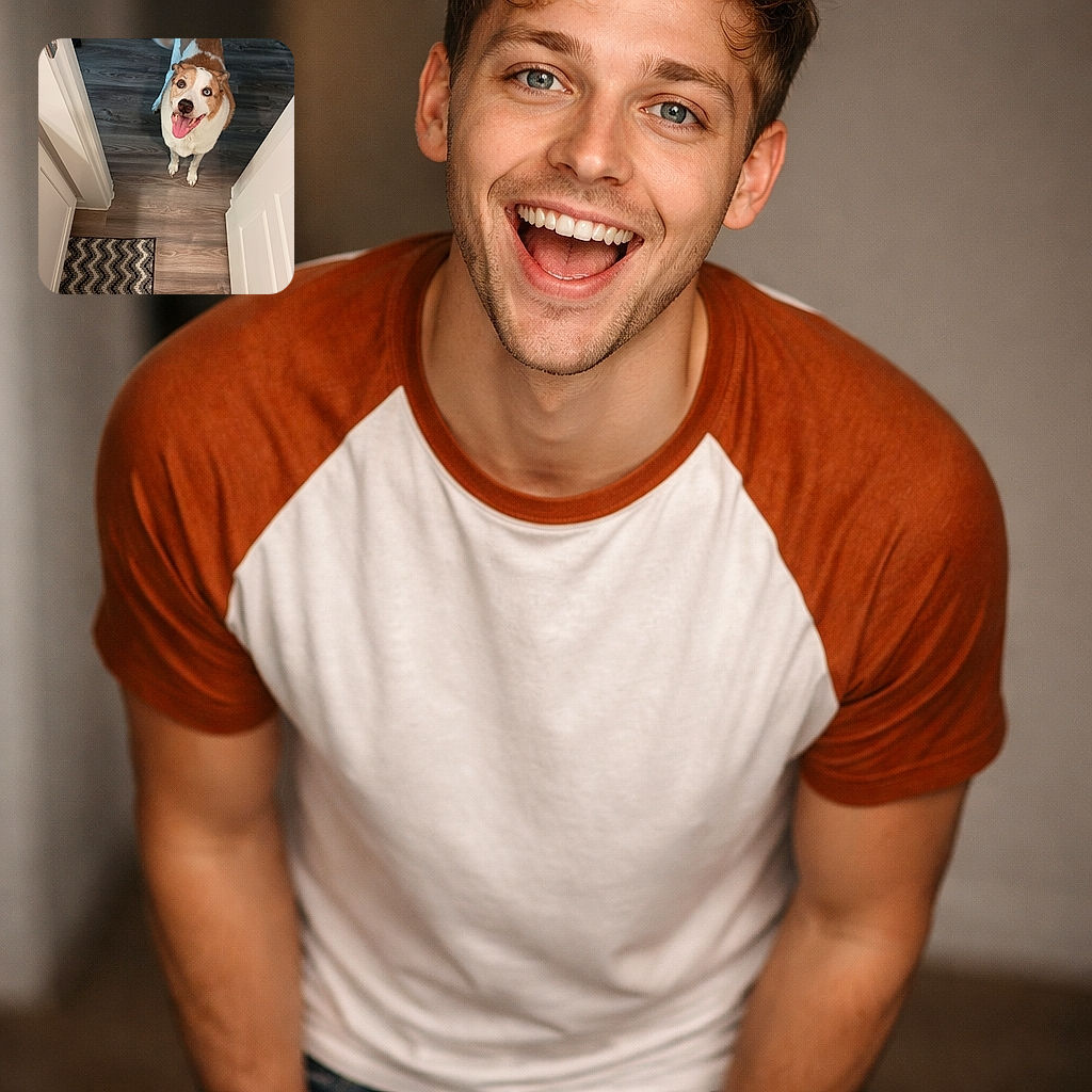 A cheerful dog with a mix of white and brown fur looks up eagerly with tongue out and tail wagging, standing on a wooden floor in a doorway next to a zigzag patterned rug and a slipper.