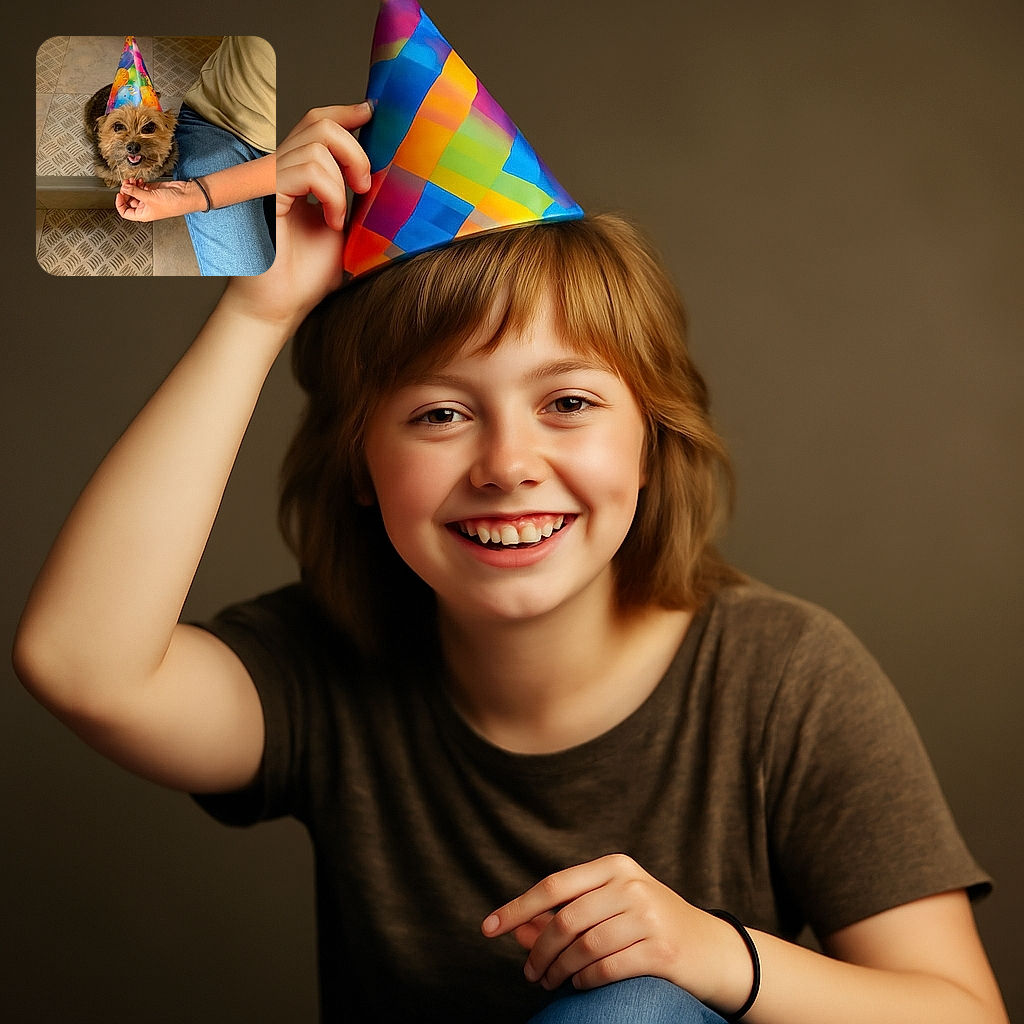 A happy small dog wearing a colorful party hat is sitting on a patterned floor next to a person in blue jeans and a beige shirt, with hands gently holding the hat in place, ready for a celebration.