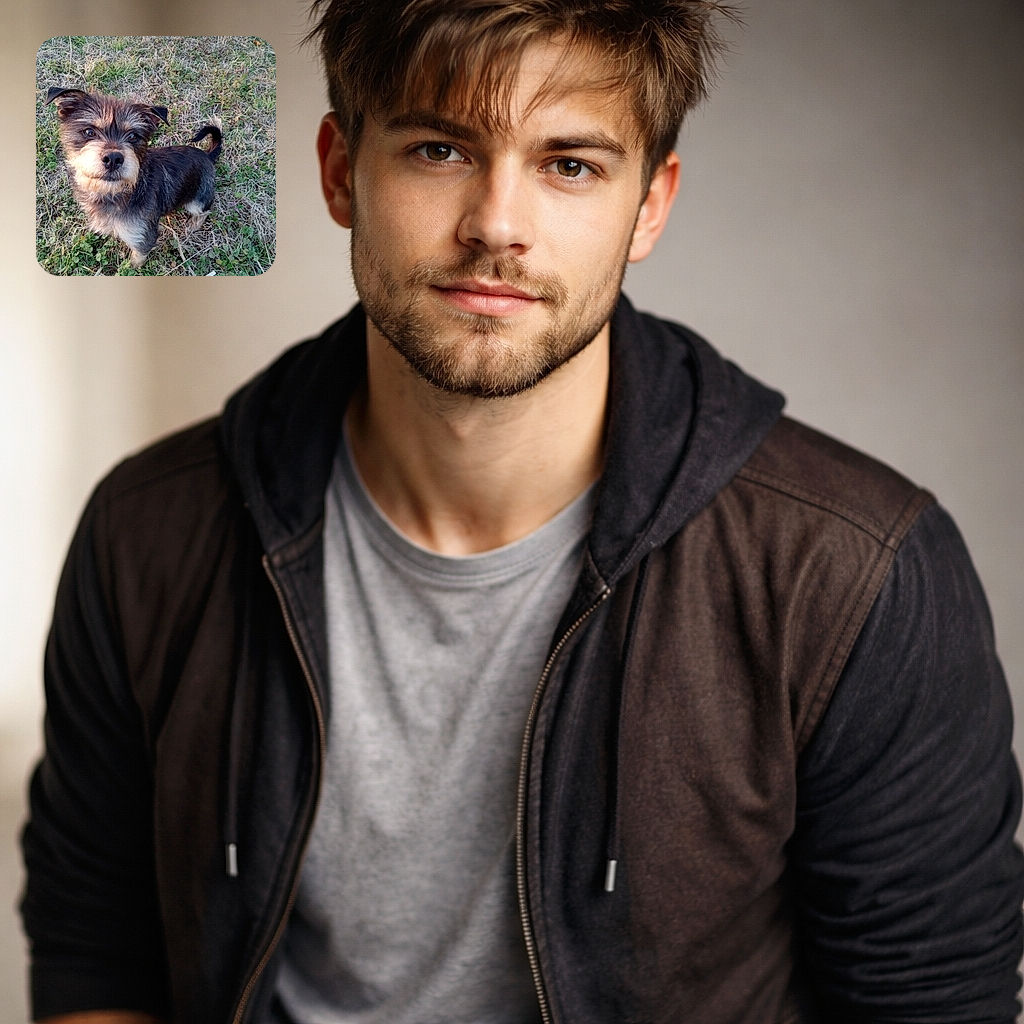 A scruffy little terrier stares up with soulful eyes and a nose made for boops, standing proudly in a patch of dry grass and tiny purple flowers like it owns the meadow.