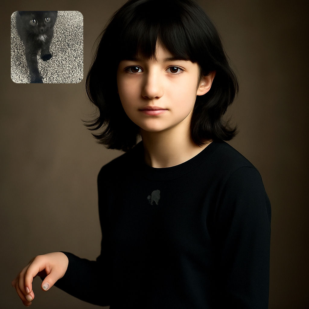 A fuzzy black kitten with a tiny white patch on its chest is taking a curious step forward on a textured carpet, but the photo is a bit blurry, making the little furball look like it's in a dream.
