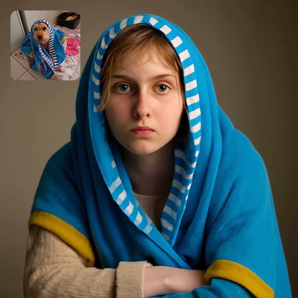 A cute dog wrapped snugly in a blue towel with striped edges, sitting comfortably on a floral blanket on a tiled floor, looking slightly wet and adorably contemplative.