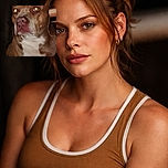 A close-up photo of a brown and white dog with glowing eyes due to flash reflection, slightly blurry and out of focus, giving it a mysterious yet adorable look in a dimly lit indoor setting.