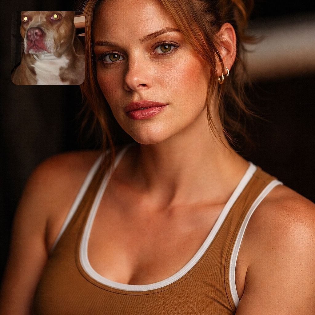 A close-up photo of a brown and white dog with glowing eyes due to flash reflection, slightly blurry and out of focus, giving it a mysterious yet adorable look in a dimly lit indoor setting.