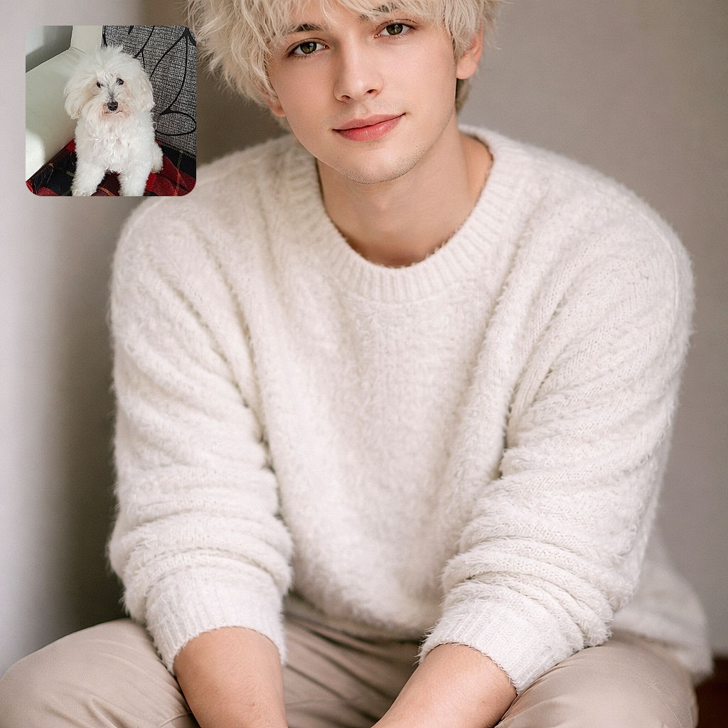 A fluffy white dog (looks like a small bichon-style pup) sits on a tartan blanket draped over a sofa, staring at the camera with a slightly bemused, regal expression — as if politely reminding you it's treat time. The textured cushion and pale couch frame the pup, whose curly fur and dark button nose steal the show.
