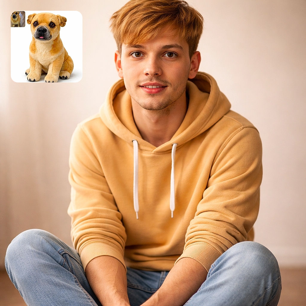 A plush dog that looks almost suspiciously alive sits center-stage with a tiny pink tongue peeking out — studio-white background and velvety fur make it look like a product superstar. In the top-left corner there’s a small inset photo of a real dog on a hardwood floor, like the cameo appearance in a toy’s glamour shot.