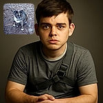 A quirky little dog with one icy blue eye and one warm brown eye sits patiently on a gravelly path, wearing a harness like a tiny adventurer ready for the next walk.