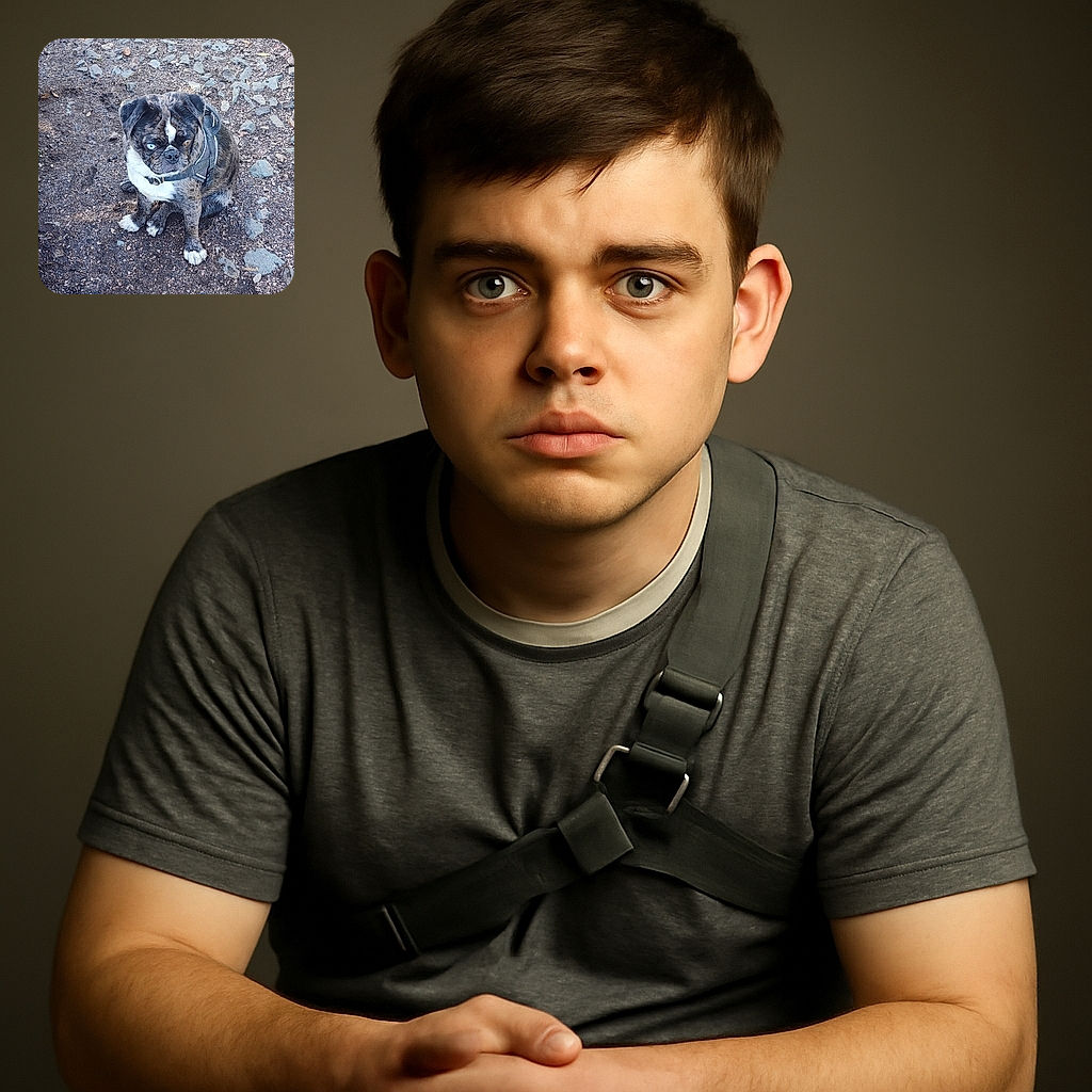 A quirky little dog with one icy blue eye and one warm brown eye sits patiently on a gravelly path, wearing a harness like a tiny adventurer ready for the next walk.