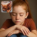 A tiny brown puppy is peacefully napping on someone's lap, with its paws stretched out and ears perked up in the cutest way. The background shows a cozy indoor setting with a pet bed and a person wearing red slippers relaxing nearby.