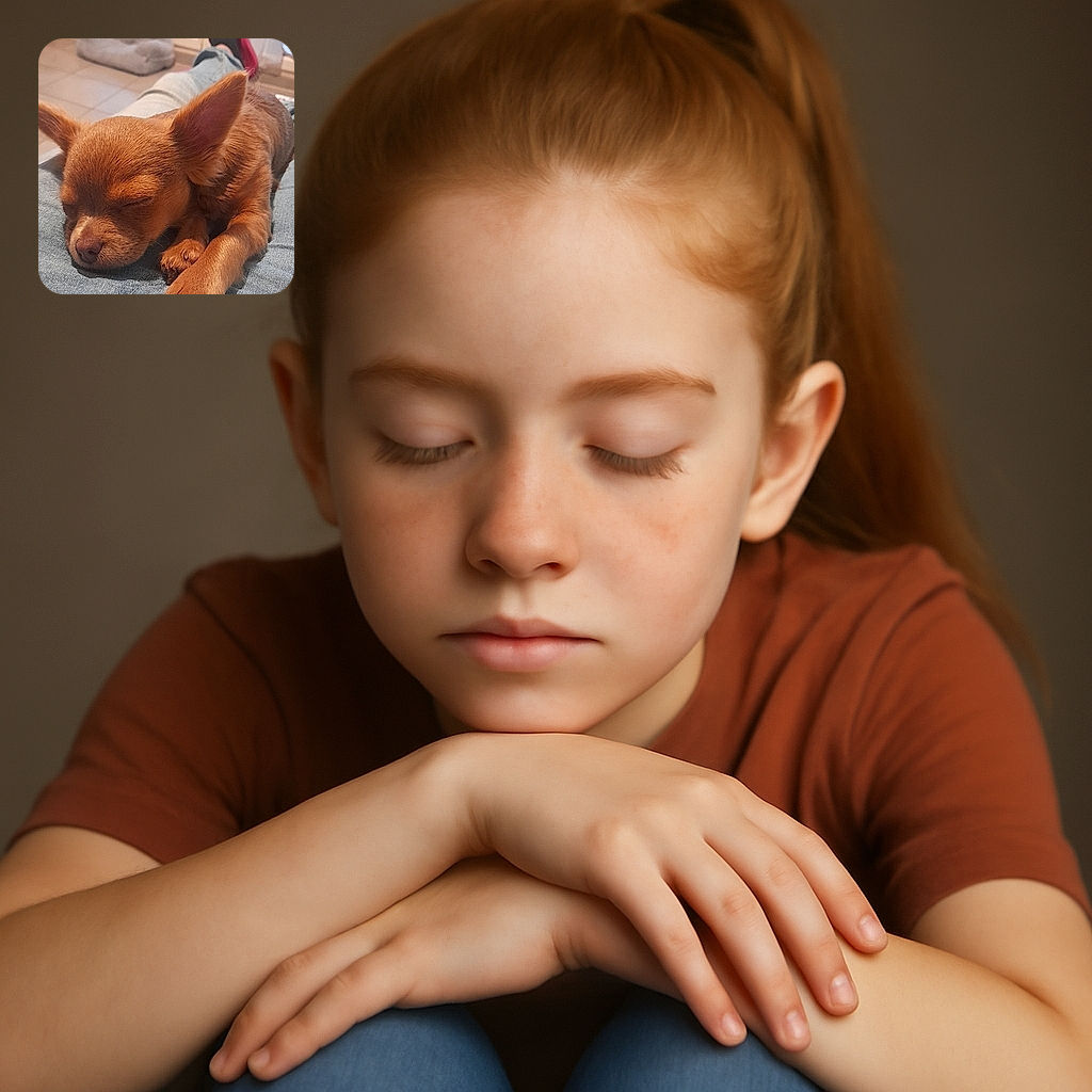 A tiny brown puppy is peacefully napping on someone's lap, with its paws stretched out and ears perked up in the cutest way. The background shows a cozy indoor setting with a pet bed and a person wearing red slippers relaxing nearby.