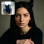 A sleek black cat lounges regally on a cozy perch in front of a softly blurred window with sheer curtains dotted with red spots, giving off an air of quiet contemplation and feline mystery.