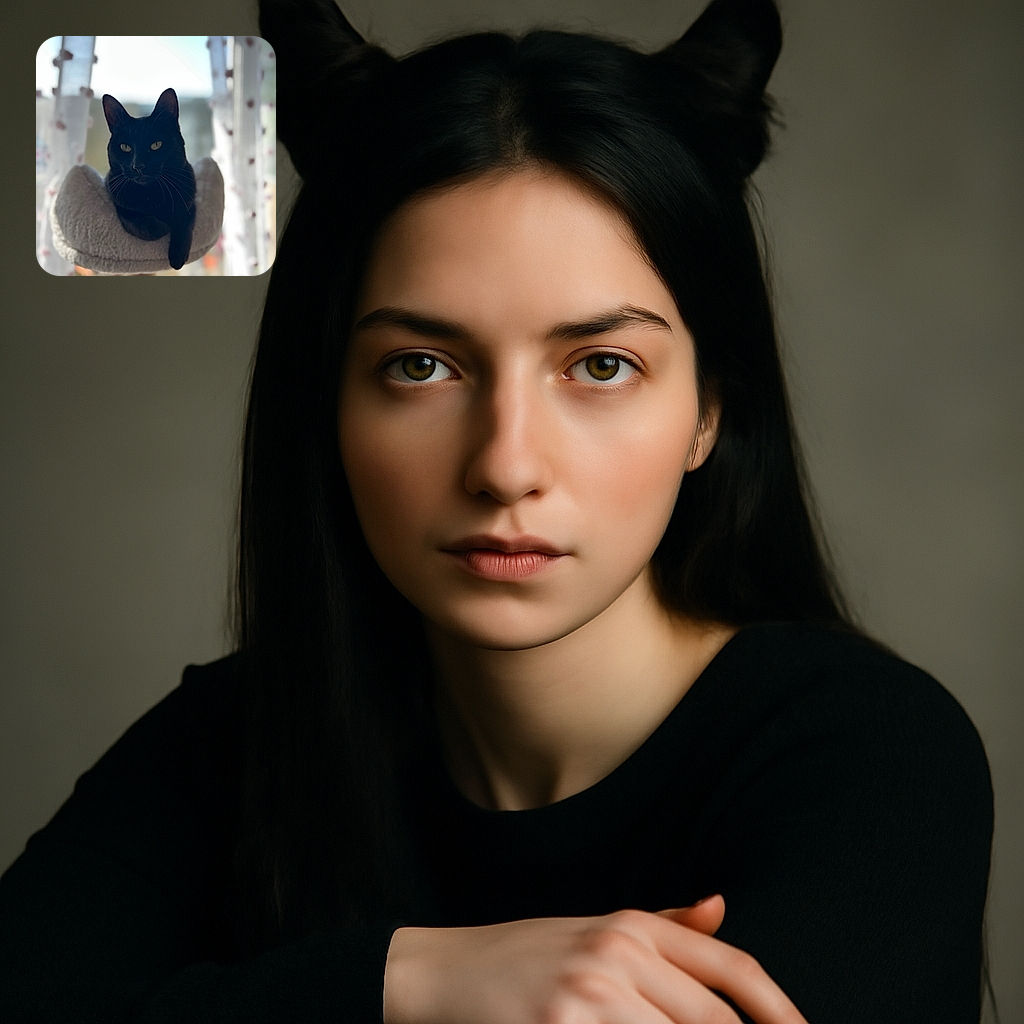 A sleek black cat lounges regally on a cozy perch in front of a softly blurred window with sheer curtains dotted with red spots, giving off an air of quiet contemplation and feline mystery.