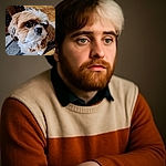 A close-up photo of a fluffy, light brown and white dog sitting on a patterned rug with a tiled floor and brick wall in the background. The dog looks curious, with big dark eyes and a slightly tilted head, as if pondering the mysteries of the universe or just waiting for a treat.