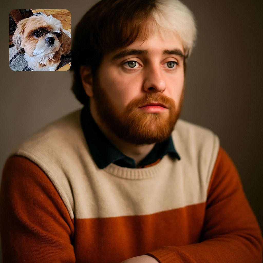 A close-up photo of a fluffy, light brown and white dog sitting on a patterned rug with a tiled floor and brick wall in the background. The dog looks curious, with big dark eyes and a slightly tilted head, as if pondering the mysteries of the universe or just waiting for a treat.