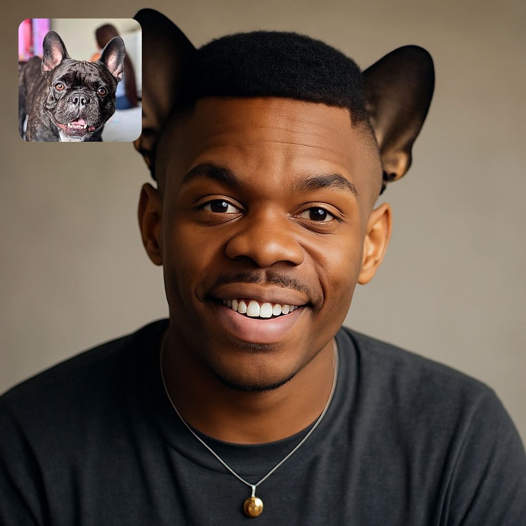 A close-up of a happy French Bulldog with shiny eyes and a slightly open mouth showing its teeth, wearing a pendant necklace. The background is softly blurred with a person sitting, creating a nice depth of field effect.