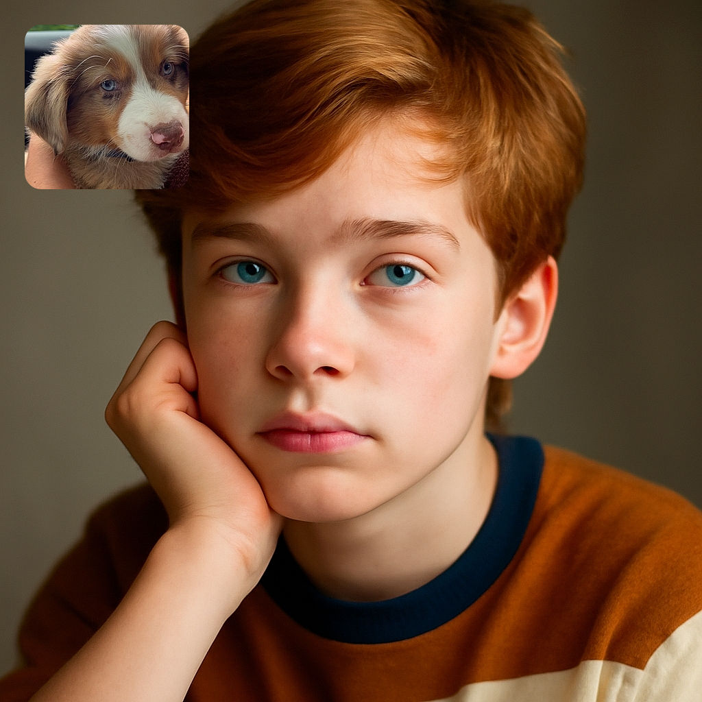 A close-up photo of an adorable puppy with soulful blue eyes being gently held by a person, with a playful hand gesture in the background resembling bunny ears. The background is softly blurred greenery, emphasizing the puppy's soft fur and expressive face.
