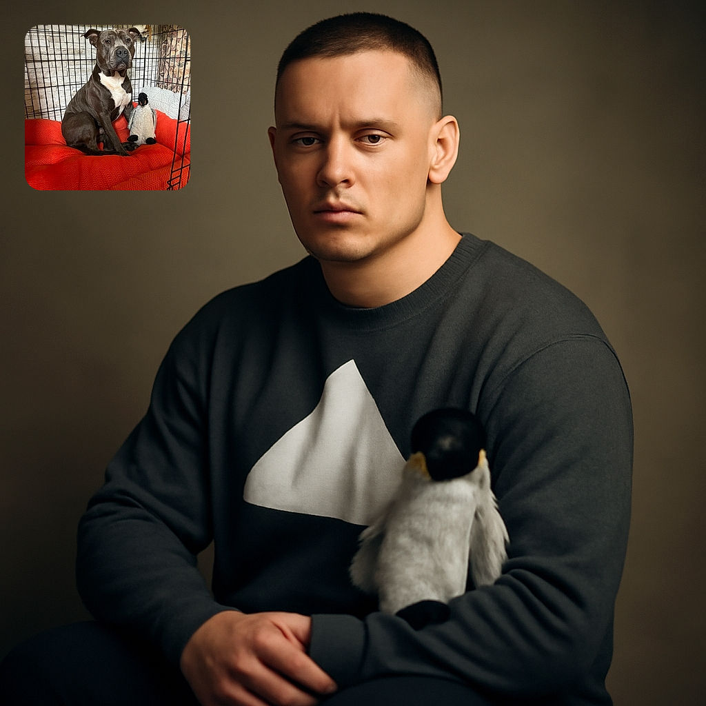 A dignified dog sits attentively inside a cozy crate lined with a bright orange cushion, accompanied by a plush penguin toy and a hanging stuffed animal in the background, creating a snug and charming pet retreat.