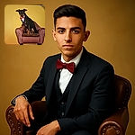 A dapper little dog wearing a red bow tie sits proudly on a miniature studded leather armchair against a warm yellow backdrop, striking a pose that screams 'ready for the gala!'