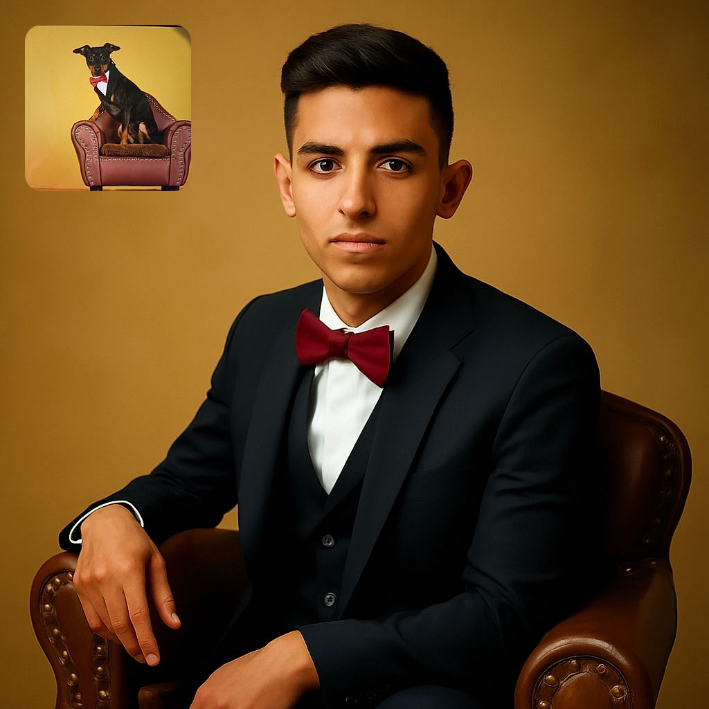 A dapper little dog wearing a red bow tie sits proudly on a miniature studded leather armchair against a warm yellow backdrop, striking a pose that screams 'ready for the gala!'