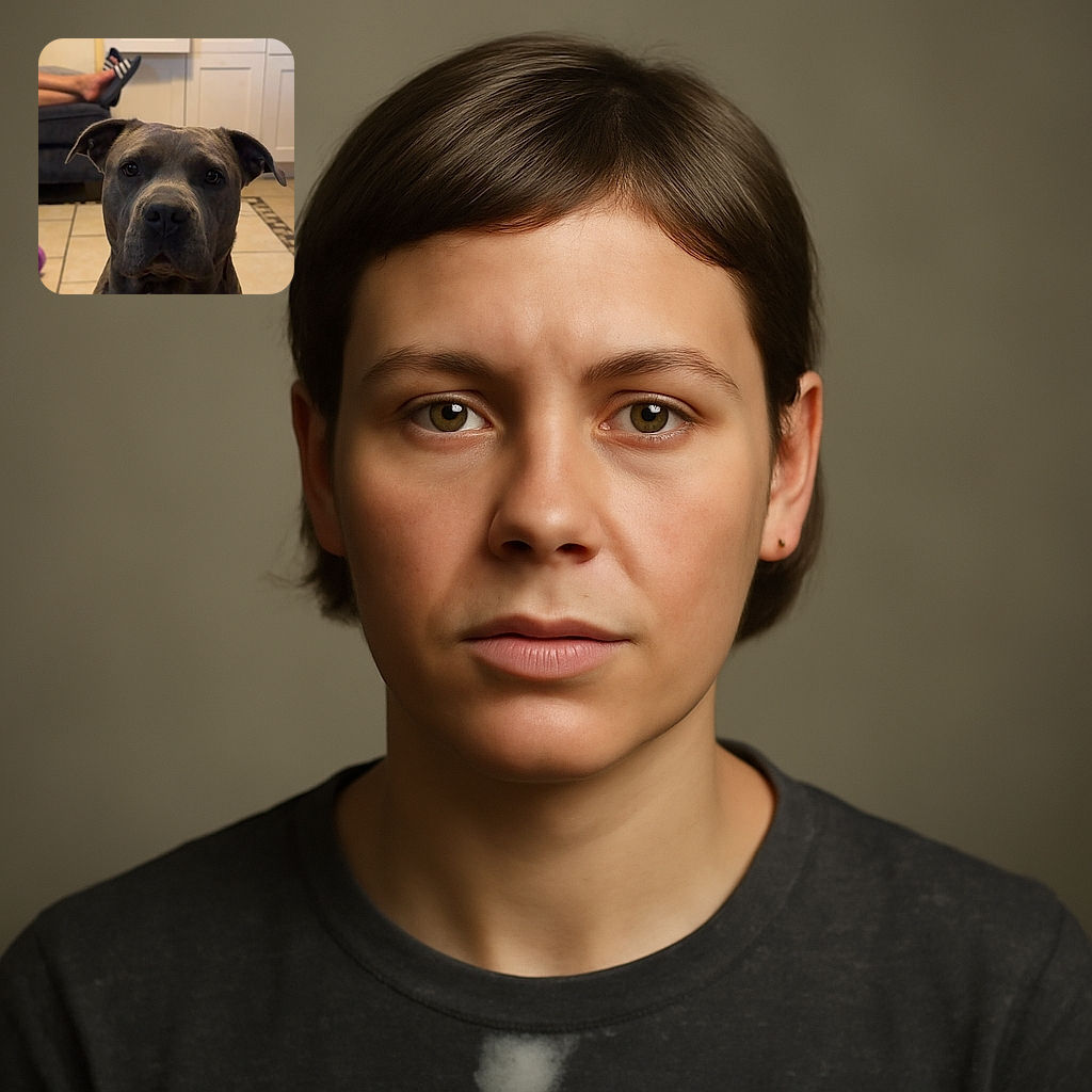 A charming gray dog with soulful eyes stares intently at the camera, sitting calmly on a tiled floor in a cozy home setting. In the background, a pair of relaxed legs wearing Adidas slides rest on a couch, adding a casual vibe to the scene.