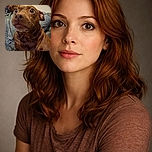 A close-up photo of a brown dog with wide, curious eyes, sitting on a person's lap. The dog's expression is both adorable and slightly startled, with a cozy indoor background featuring a person wearing a gray hoodie.