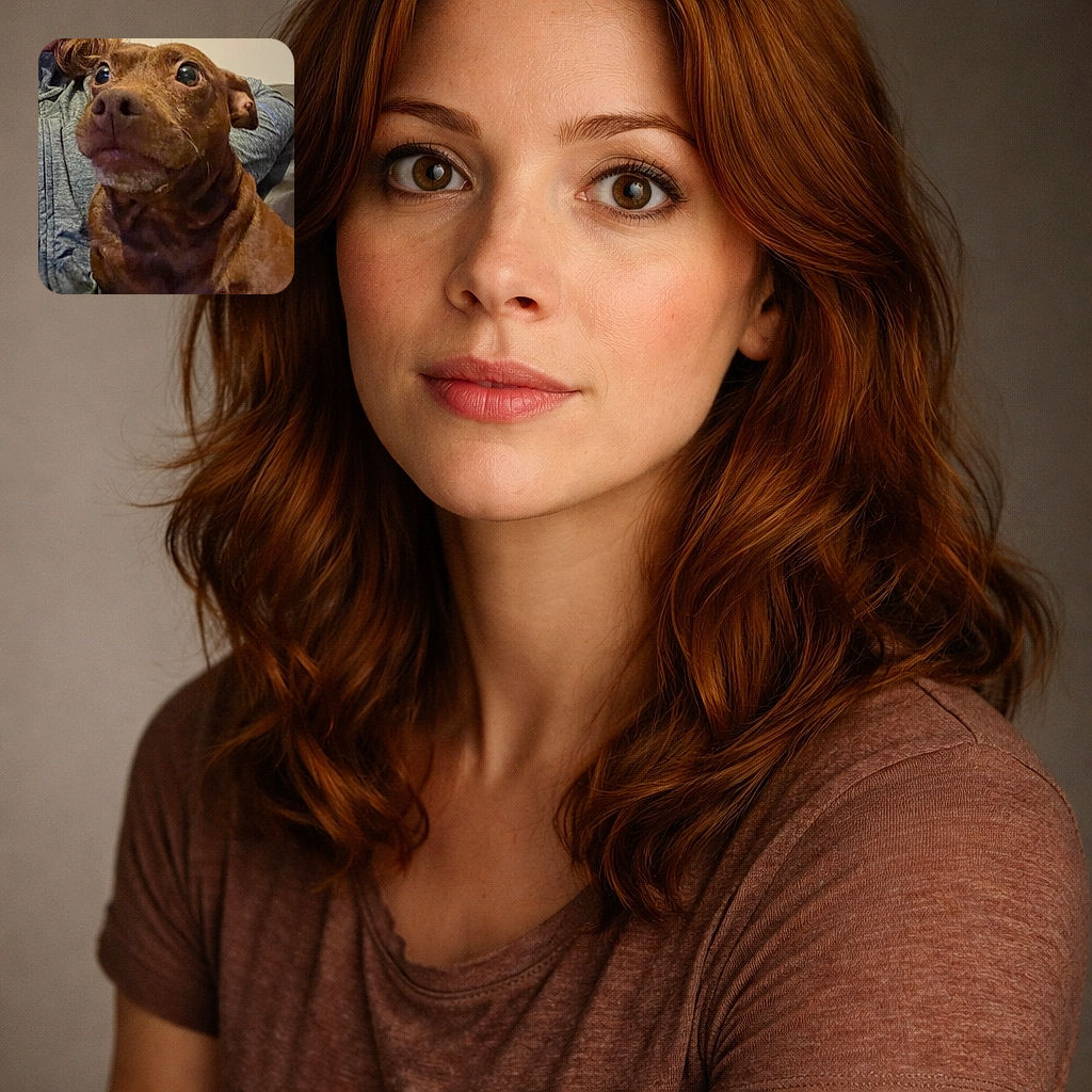 A close-up photo of a brown dog with wide, curious eyes, sitting on a person's lap. The dog's expression is both adorable and slightly startled, with a cozy indoor background featuring a person wearing a gray hoodie.